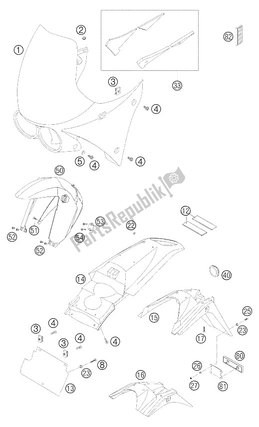 All parts for the Mask, Fenders of the KTM 640 Adventure Europe 2005