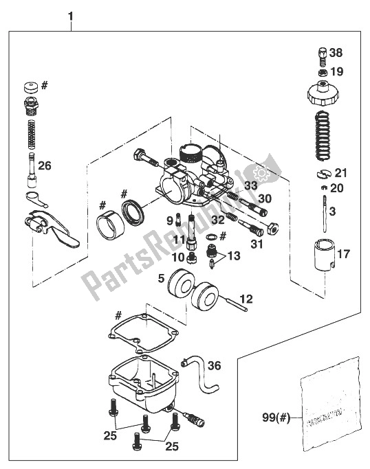 Todas as partes de Carburador Mikuni Vm16-519 '99 do KTM 50 Mini Adventure Europe 1998