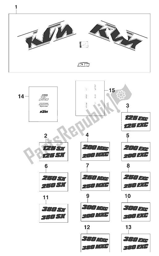 Tutte le parti per il Set Di Adesivi 125-380 '20 del KTM 200 EXC Europe 2000