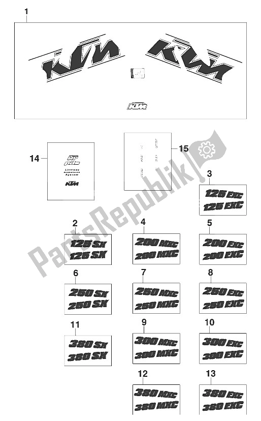 All parts for the Decal Set 125-380 '20 of the KTM 250 SX Europe 2000