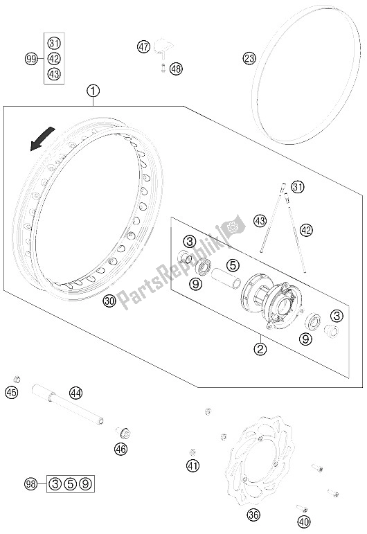 All parts for the Front Wheel of the KTM 65 SX Europe 2012