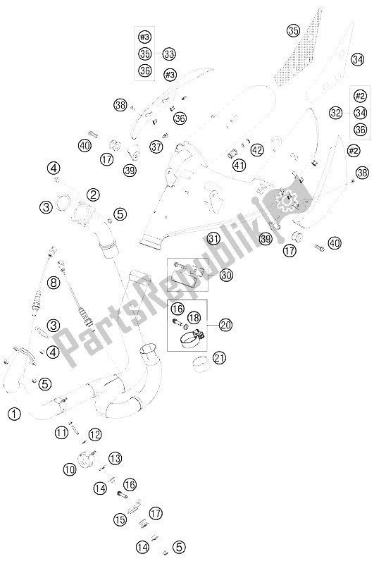 All parts for the Exhaust System of the KTM 990 Super Duke White France 2008