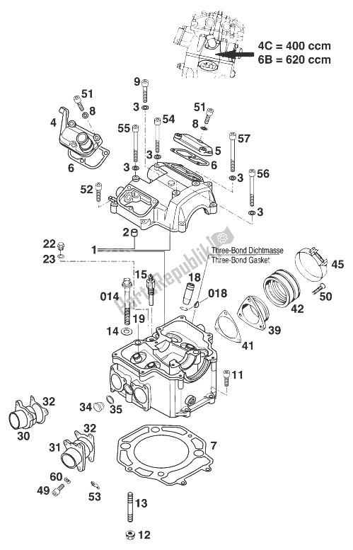 All parts for the Cylinder Head 400-620 Lc4 '99 of the KTM 400 SUP Comp 20 KW Europe 1999