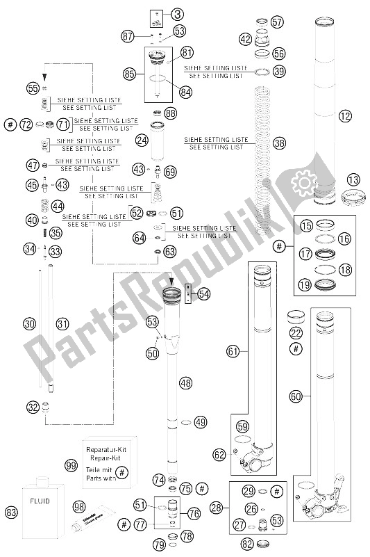 All parts for the Front Fork Disassembled of the KTM 250 SX F Europe 2011