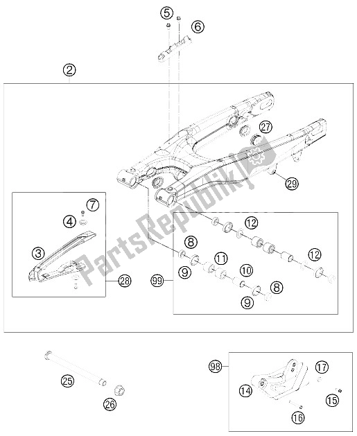 All parts for the Swing Arm of the KTM 150 SX Europe 2012