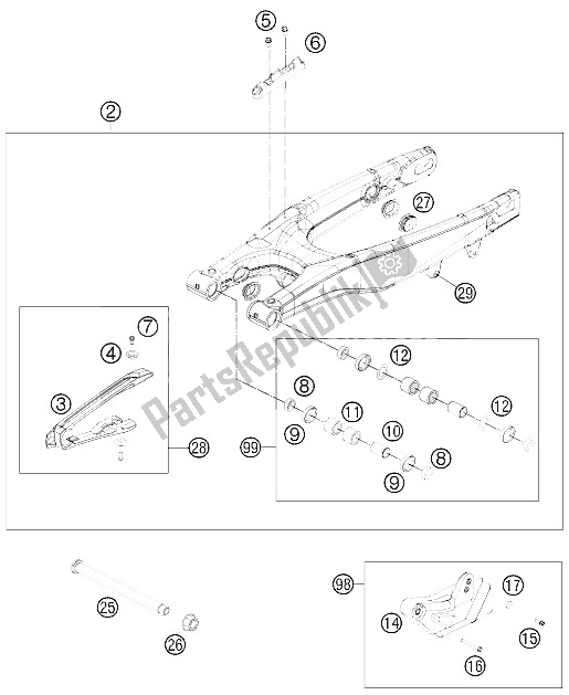 All parts for the Swing Arm of the KTM 250 SX F Roczen Replica 12 Europe 2012