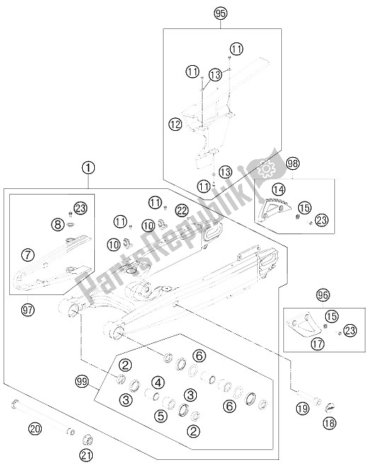 All parts for the Swing Arm of the KTM 990 ADV White ABS Spec Edit Brazil 2011