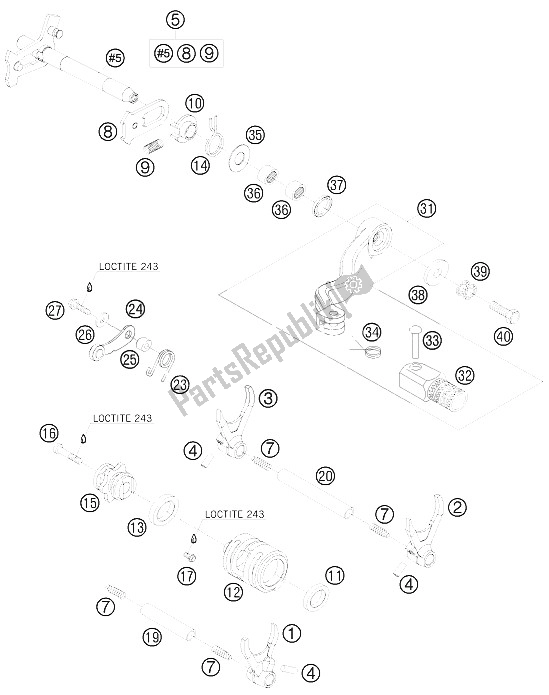 All parts for the Shifting Mechanism of the KTM 250 XCF W USA 2009