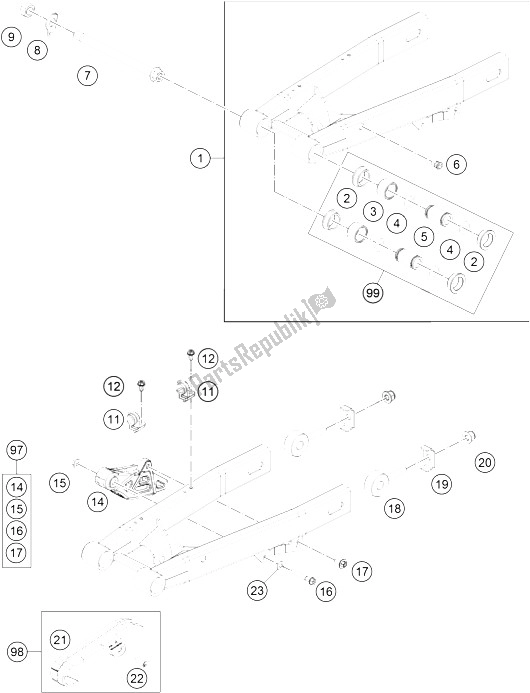 All parts for the Swing Arm of the KTM 50 SX Mini Europe 2016