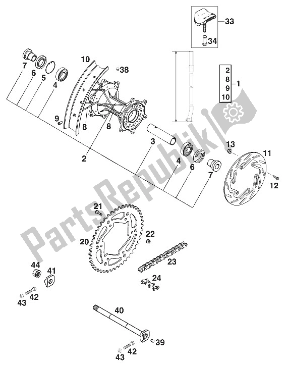 All parts for the Rear Wheel 400/540 Sxc '99 of the KTM 400 SXC USA 2000