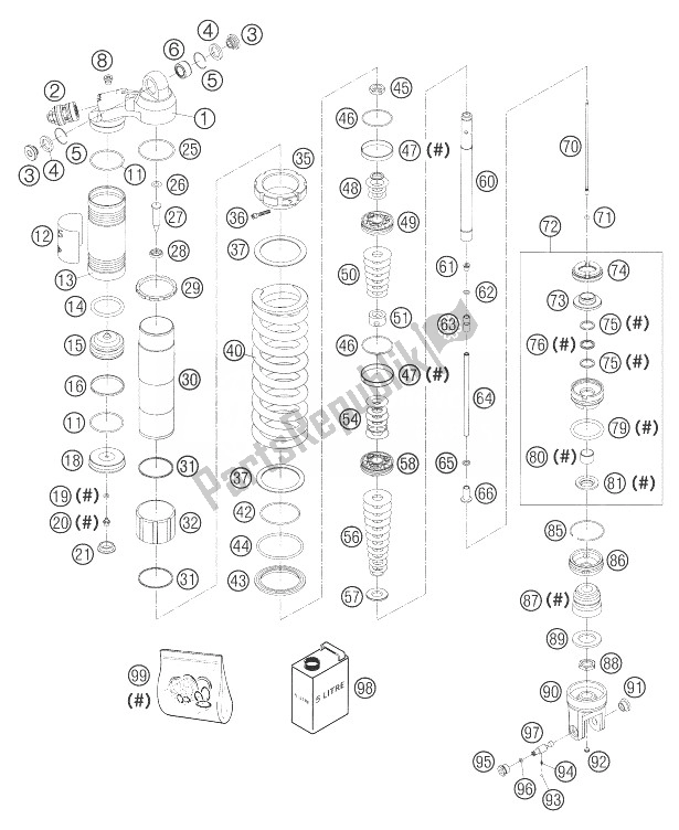 All parts for the Monoshock Disassembled of the KTM 450 SMR Europe 2004