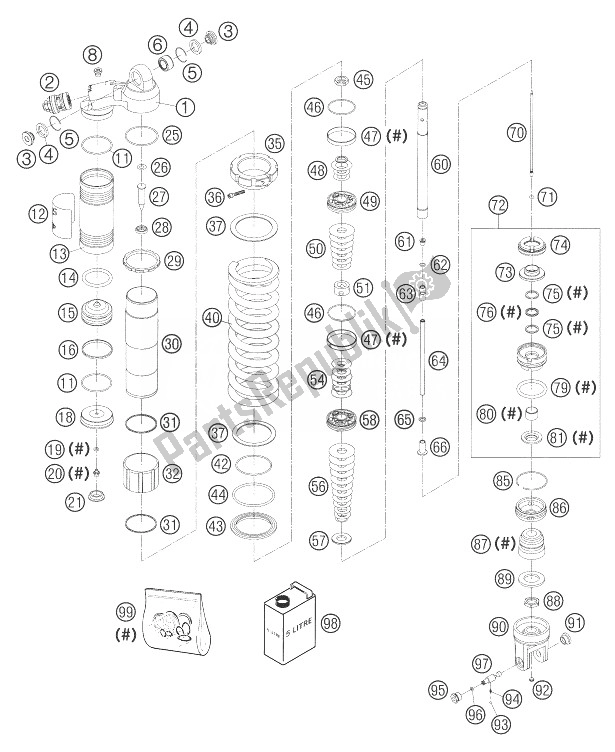 All parts for the Monoshock Disassembled of the KTM 525 SMR Europe 2004