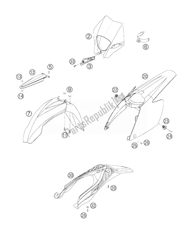 Todas as partes de Máscara, Pára-lamas do KTM 200 XC W South Africa 2007