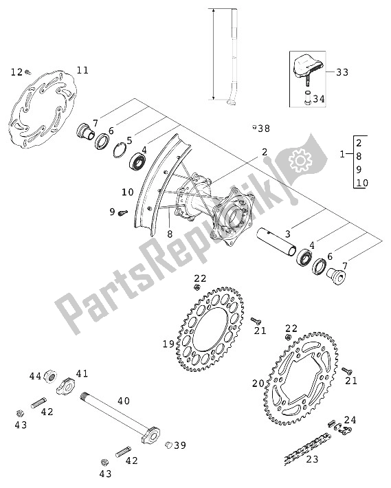 Todas as partes de Roda Traseira 125-380 '20 do KTM 125 EXC USA 2000