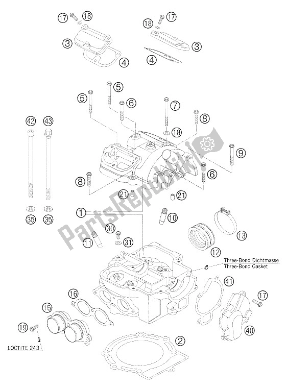 All parts for the Cylinder Head 250-525 Exc+mxc of the KTM 450 EXC Factory Europe 2005