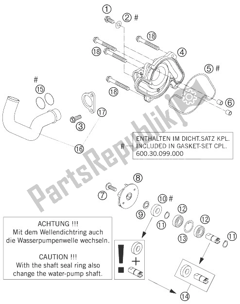 All parts for the Water Pump of the KTM 950 Adventure Orange LOW Europe 2004