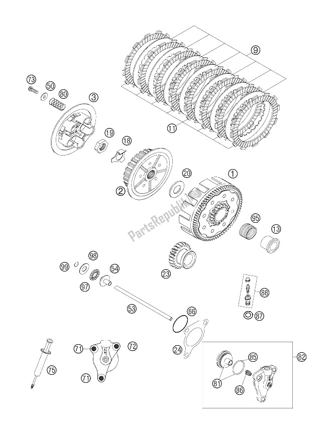 All parts for the Clutch of the KTM 250 EXC F Australia 2008