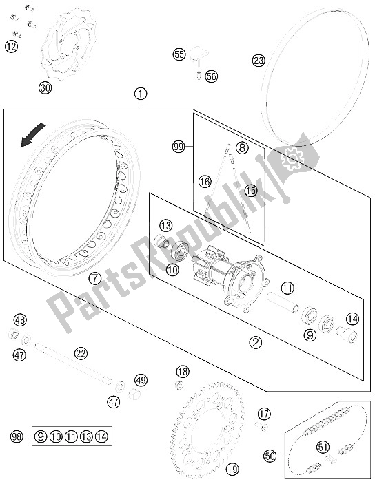 All parts for the Rear Wheel of the KTM 65 SX Europe 2012