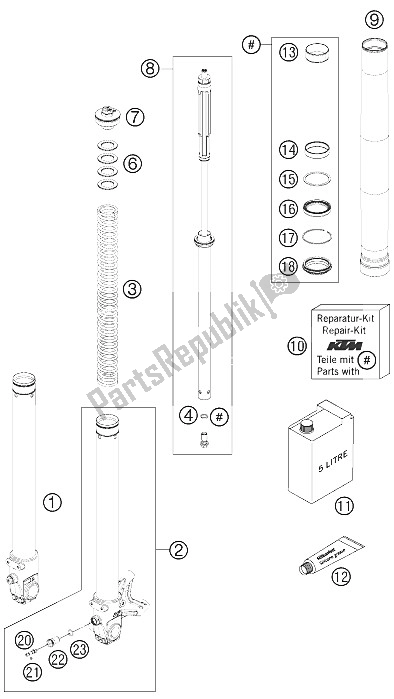 Tutte le parti per il Forcella Anteriore Smontata del KTM 690 SMC 09 Australia United Kingdom 2009