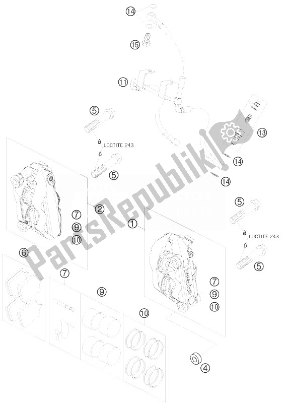 All parts for the Brake Caliper Front of the KTM 990 Super Duke Orange Australia United Kingdom 2010