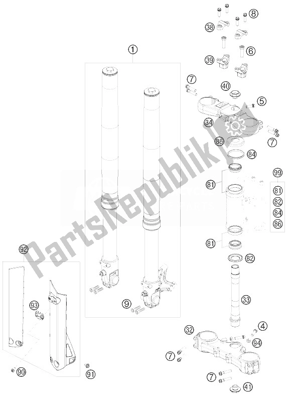 All parts for the Front Fork, Triple Clamp of the KTM 690 SMC Europe 2010