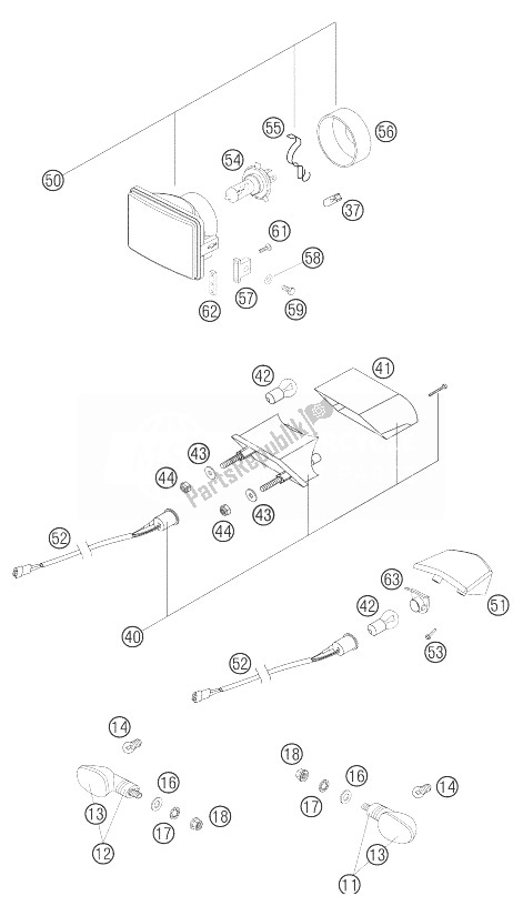 All parts for the Headlight, Backlight, Flasher of the KTM 250 EXC G Racing USA 2004