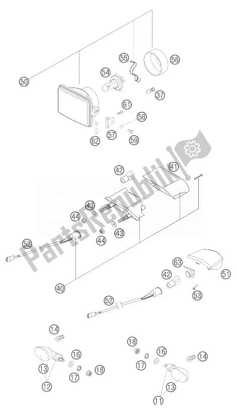 All parts for the Headlight, Backlight, Flasher of the KTM 450 EXC Racing United Kingdom 2004