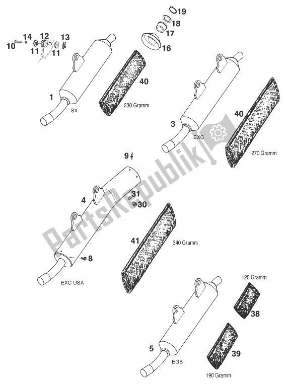 Tutte le parti per il Silenziatore 125 '99 del KTM 125 EGS 6 KW Europe 1999