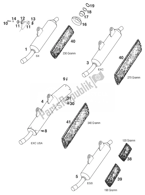 Tutte le parti per il Silenziatore 125 '99 del KTM 125 EXC 99 Europe 1999