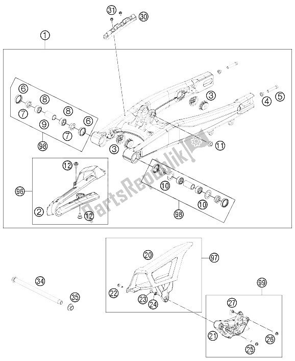 All parts for the Swing Arm of the KTM Freeride 350 Europe 2012