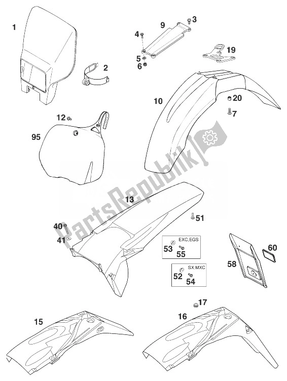 All parts for the Fenders 250/300/380 '98 of the KTM 250 EXC 98 Europe 1998