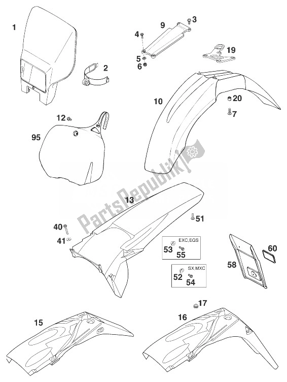 Tutte le parti per il Parafanghi 250/300/380 '98 del KTM 380 SX 98 Europe 1998