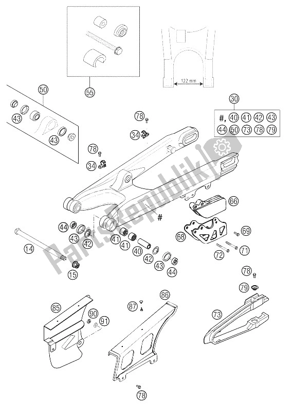 All parts for the Swing Arm 400/520 Racing 2001 of the KTM 520 EXC Racing SIX Days Europe 2001