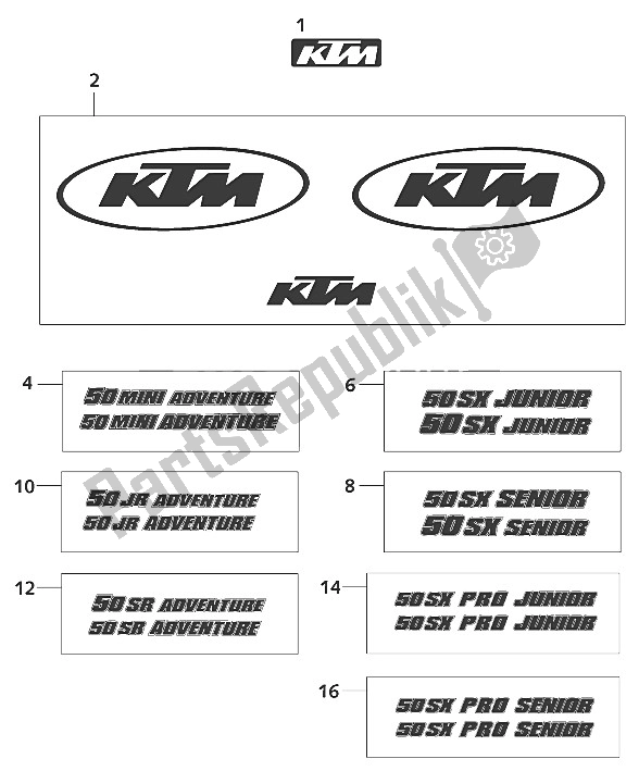 Wszystkie części do Zestaw Naklejek 50 Mini 2001 KTM 50 SX Senior Europe 2001