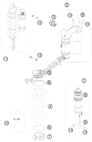 All parts for the Shock Absorber of the KTM 990 Super Duke Orange USA 2008