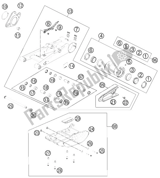 All parts for the Swing Arm of the KTM 505 SX ATV Europe 2012
