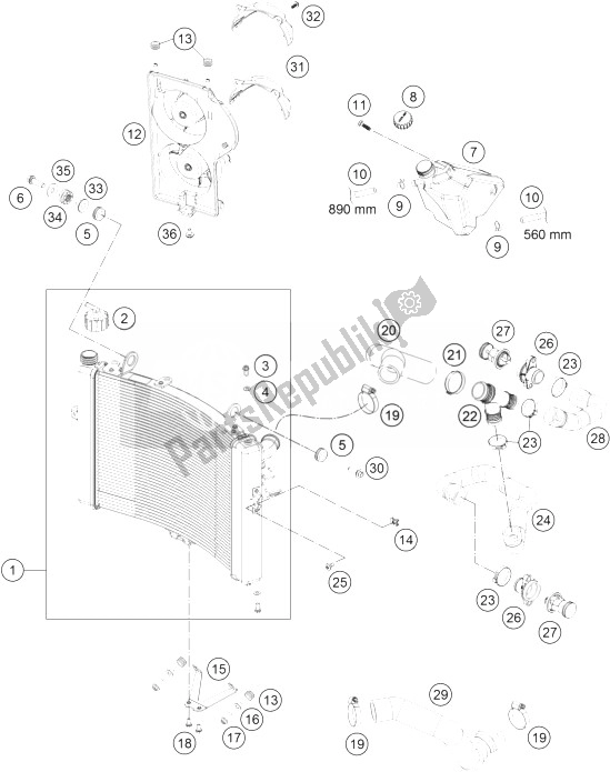 Tutte le parti per il Sistema Di Raffreddamento del KTM 1290 Superduke R Black ABS 14 Europe 2014