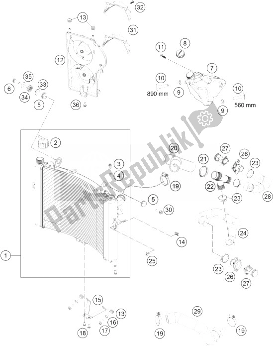 All parts for the Cooling System of the KTM 1290 Superduke R Orange ABS 14 USA 2014
