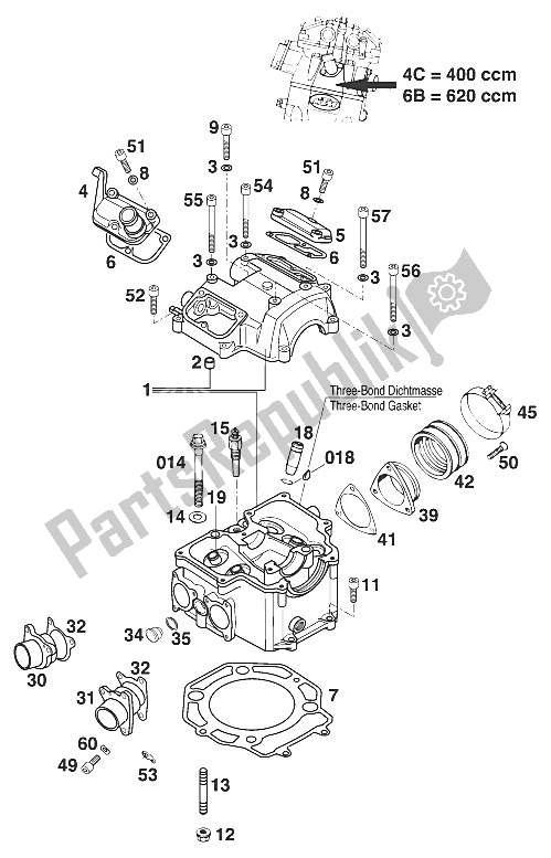All parts for the Cylinder Head 400-620 Lc4-e '97 of the KTM 400 EGS E 20 KW 11 LT Blau Europe 1997