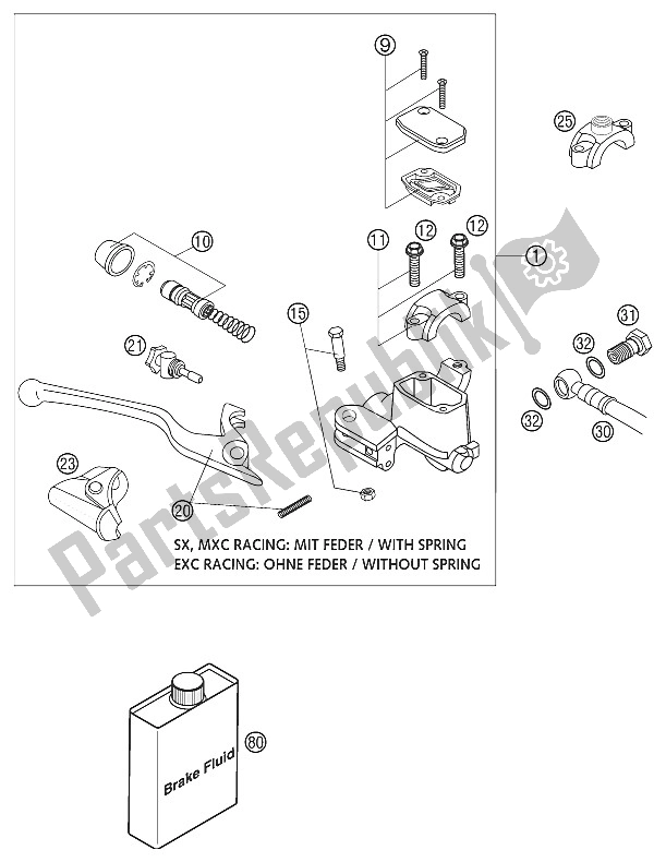 All parts for the Hand Brake Cylinder Brembo Rac of the KTM 400 MXC Racing USA 2002