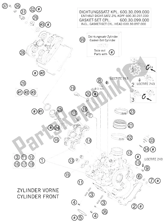 All parts for the Cylinder Head Front of the KTM 950 Super Enduro R Europe 2008