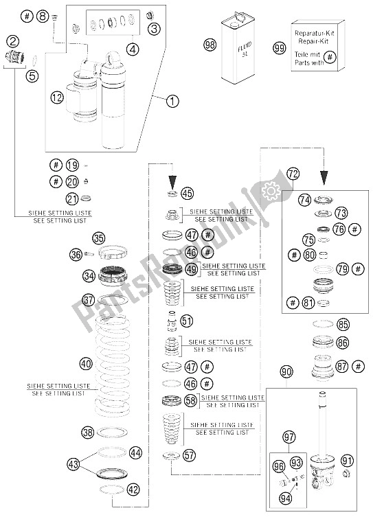 All parts for the Shock Absorber Disassembled of the KTM 200 EXC Europe 2012