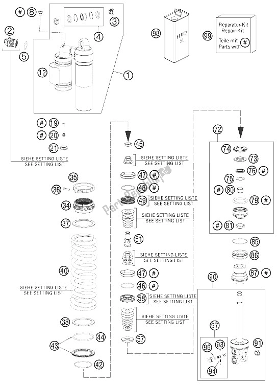 All parts for the Shock Absorber Disassembled of the KTM 250 EXC F Europe 2012