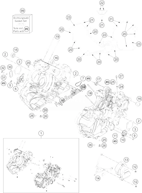 All parts for the Engine Case of the KTM 1190 RC8 R White Europe 2014