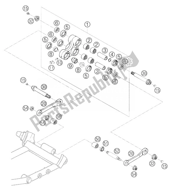 All parts for the Pro Lever Linking of the KTM 640 LC4 Supermoto Orange Australia 2003