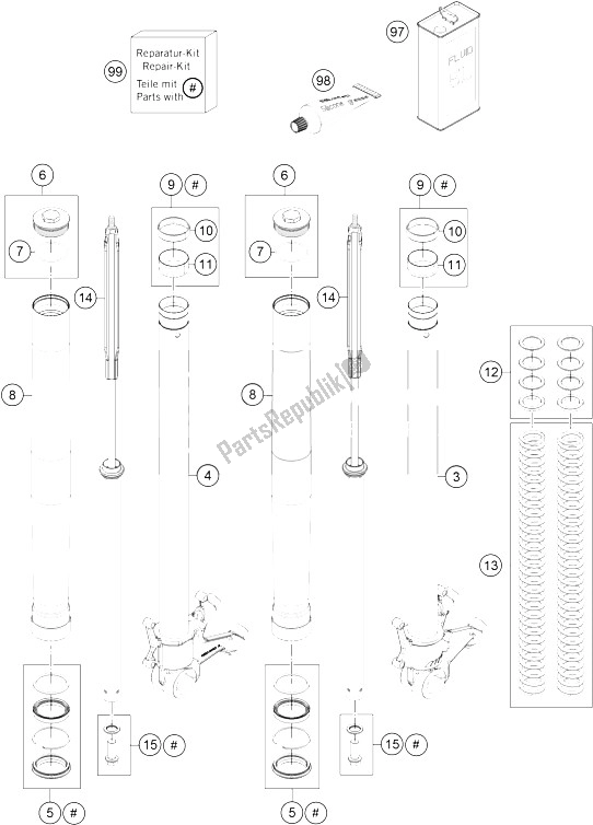 Tutte le parti per il Forcella Anteriore Smontata del KTM 1050 Adventure ABS CKD Malaysia 2016