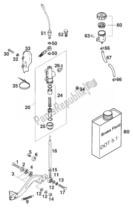 Tutte le parti per il Comando Freno Posteriore Lc4 '98 del KTM 620 SUP Comp Europe 1998