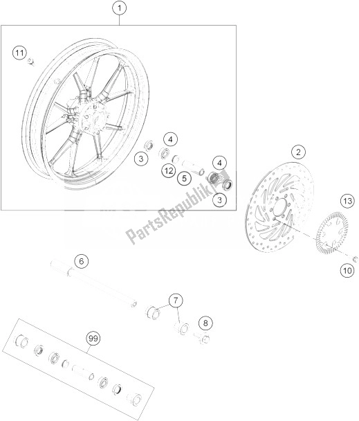 All parts for the Front Wheel of the KTM 390 Duke Black ABS BAJ DIR 14 USA 2014