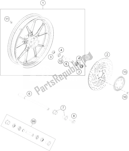 All parts for the Front Wheel of the KTM 390 Duke White ABS BAJ DIR 13 Europe 2013