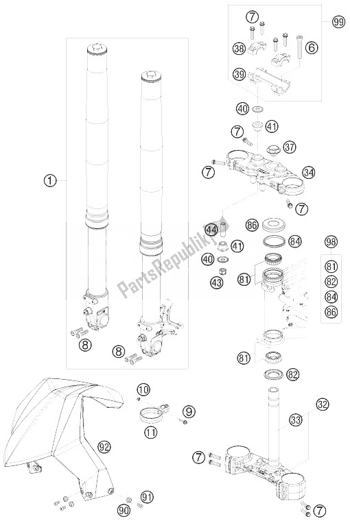 Tutte le parti per il Forcella Anteriore, Pinza Tripla del KTM 690 Duke Orange Australia United Kingdom 2010
